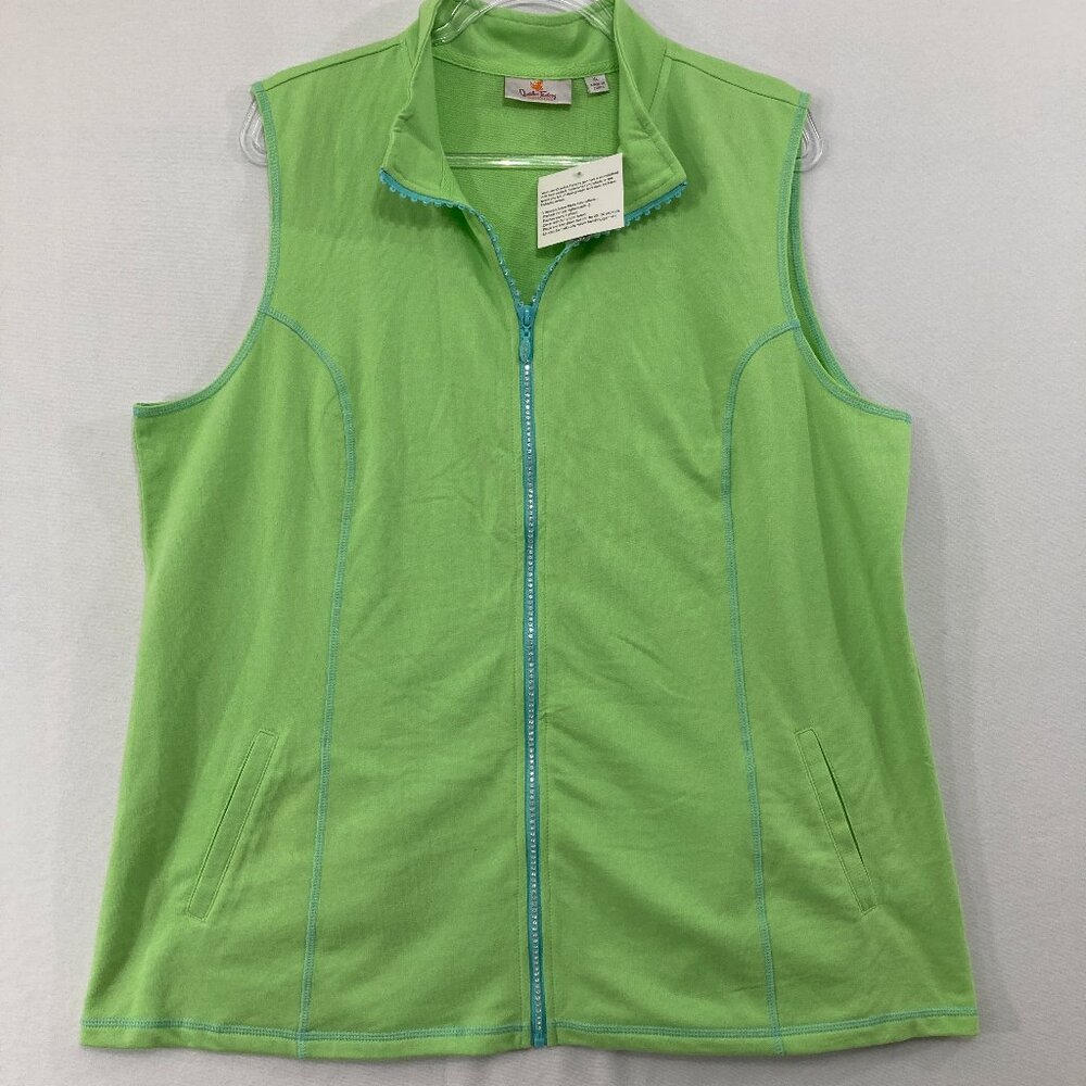 New Quacker Factory Jacket sz XL Sleeveless Bright Green Stretch Knit‎ Full Zip